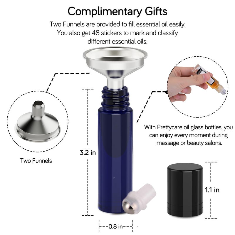 PrettyCare Roller Bottles For Oils 10 ml (Blue Glass, 24 Pack, 2 Extra Stainless Steel Balls, 2 droppers, 1 small brush, 24 Labels, 1 Opener, 1 Funnels Essential Oil Roller Bottles, Roller on Bottles - Image 4